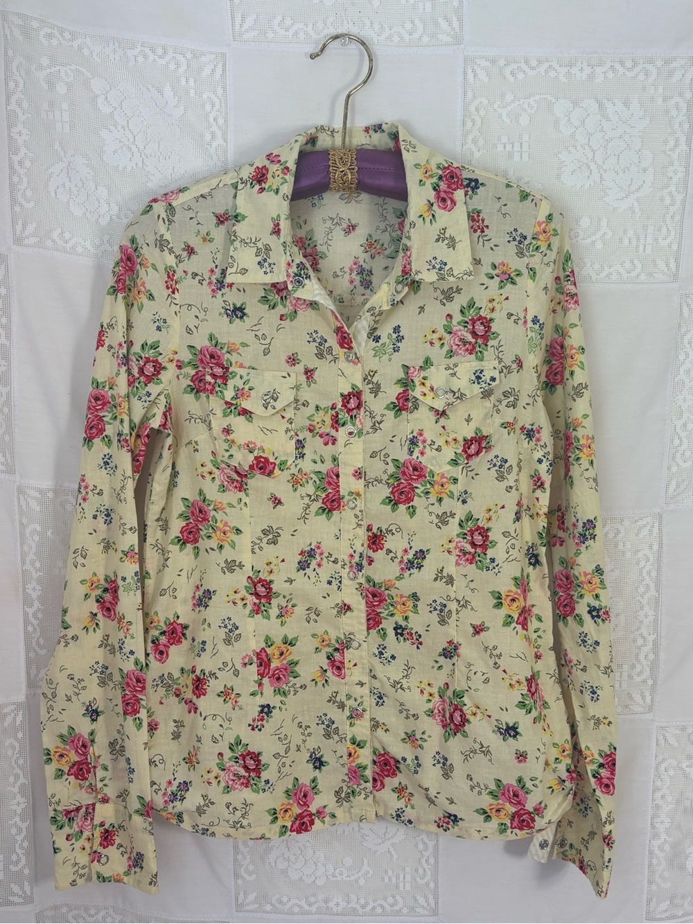 100% Cotton Butter Yellow Floral Cottage Western Button Up Blouse Size M
